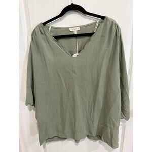 NWT Umgee Sage Green 3/4 Sleeve Scalloped Hem Blouse Size 1X Boho Linen Blend